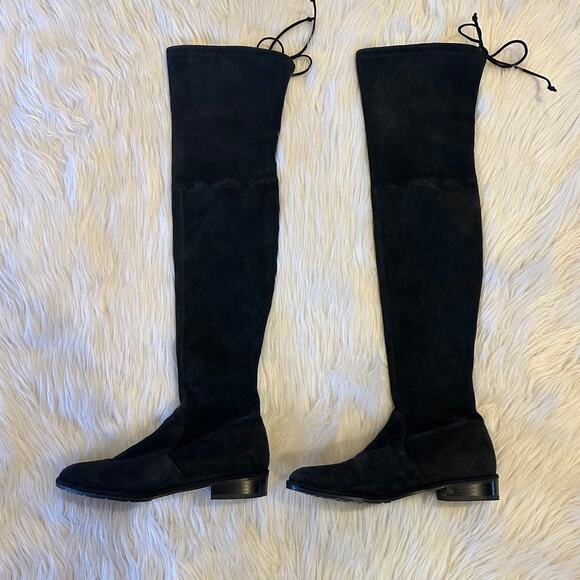 Stuart Weitzman Lowland Boots Over The Knee Suede Leather Block Heel Flat, Black - Picture 8 of 16